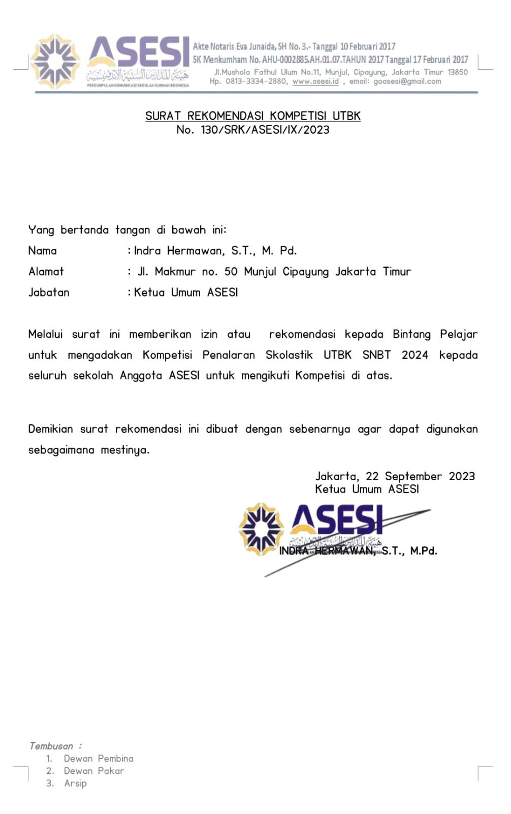 Surat Rekomendasi ASESI