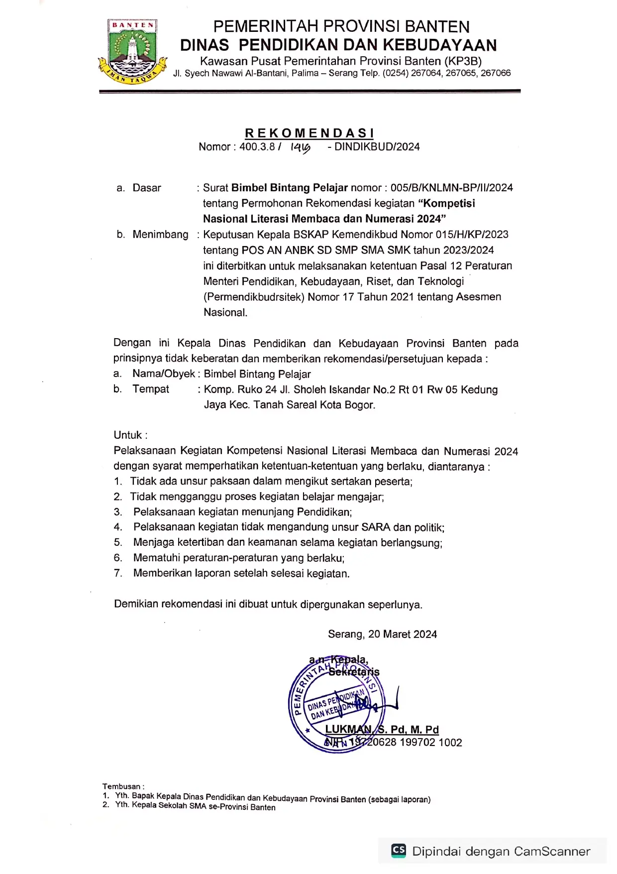 Dinas Banten- Rekomendasi KNLMN 2024