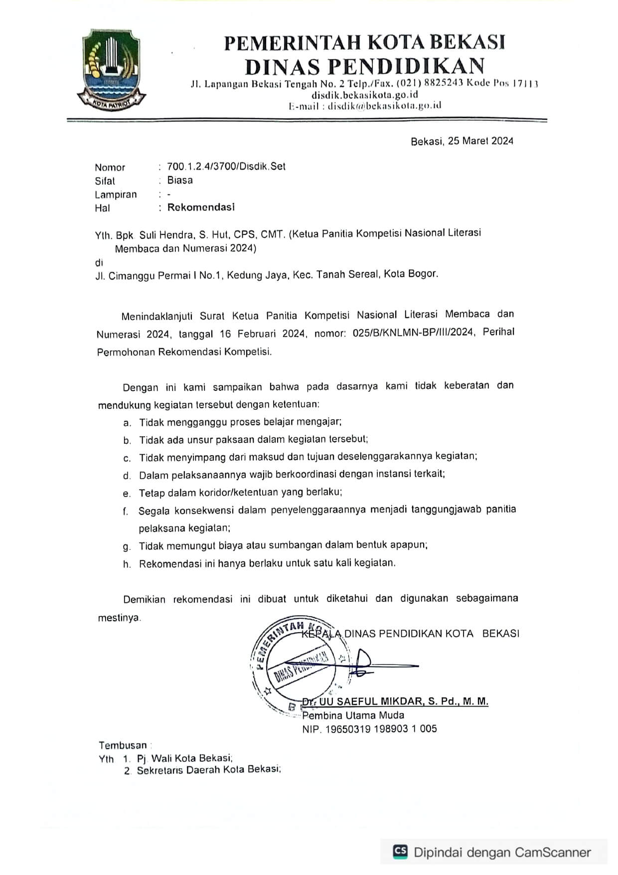 Dinas Pendidikan Kota Bekasi - Rekomendasi KNLMN 2024