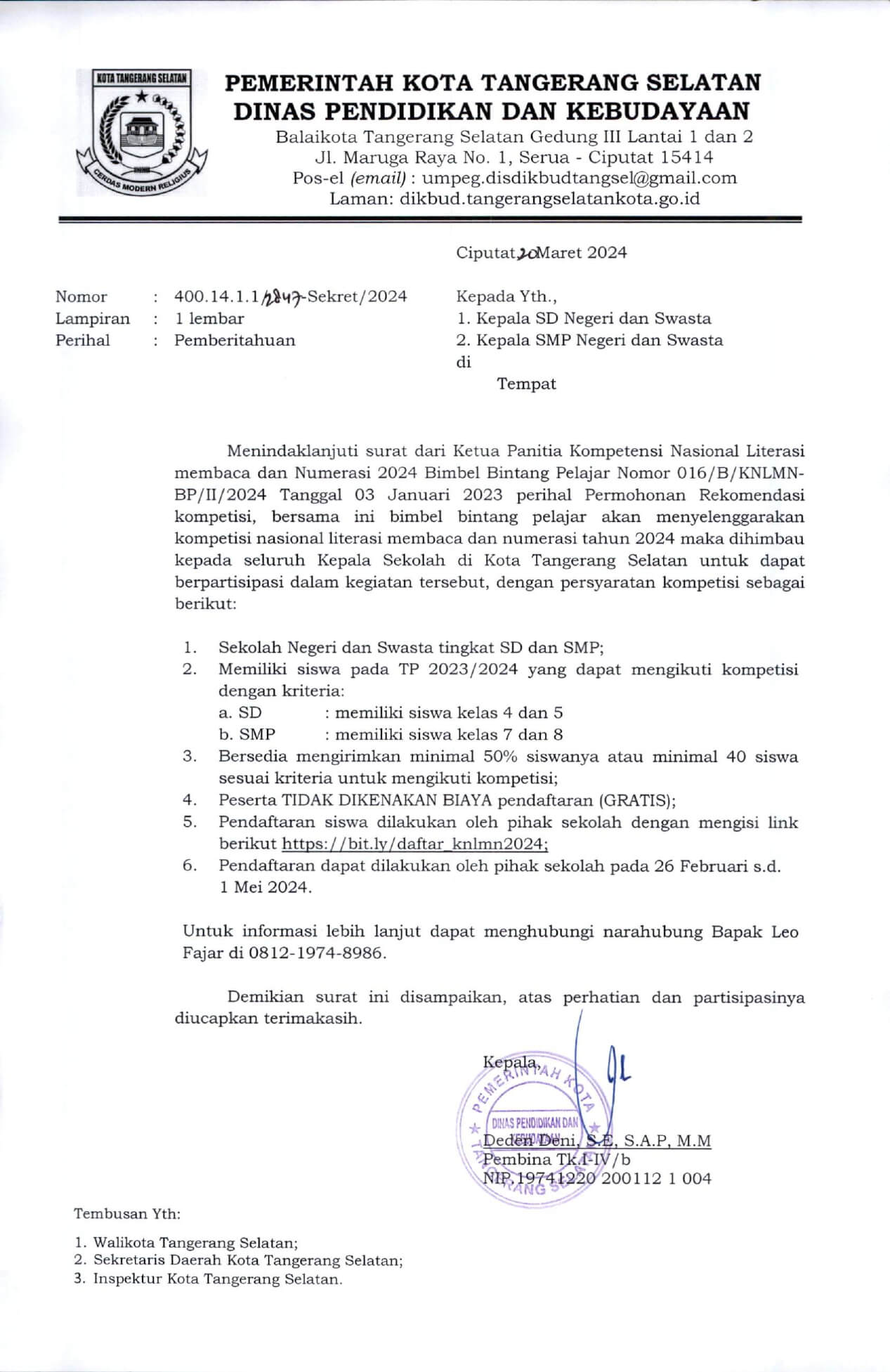 Dikbud Kota Tangsel SD-SMP - Rekomendasi KNLMN 2024