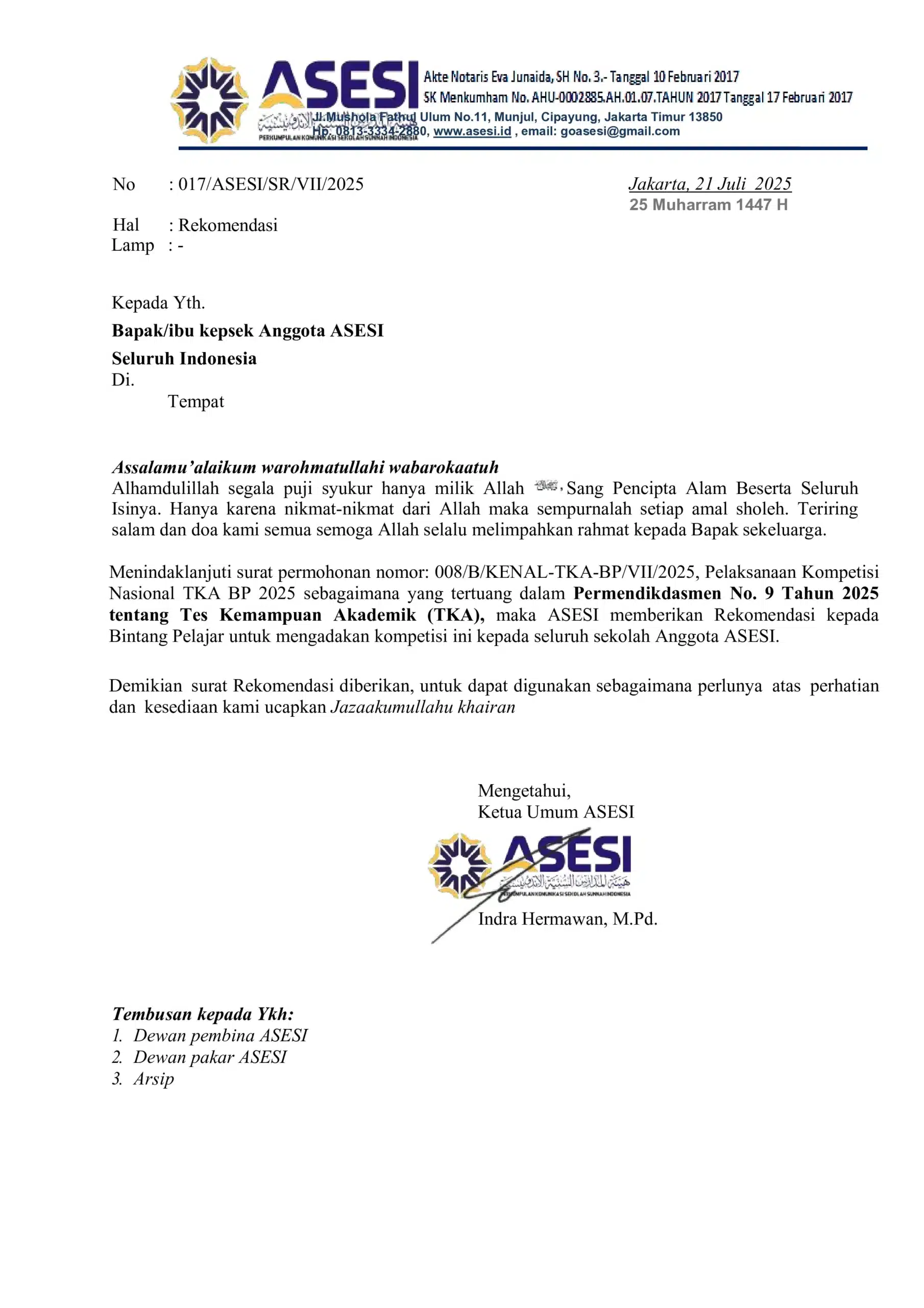 ASESI Rekomendasi Kompetisi Nasional TKA Bimbel Bintang Pelajar