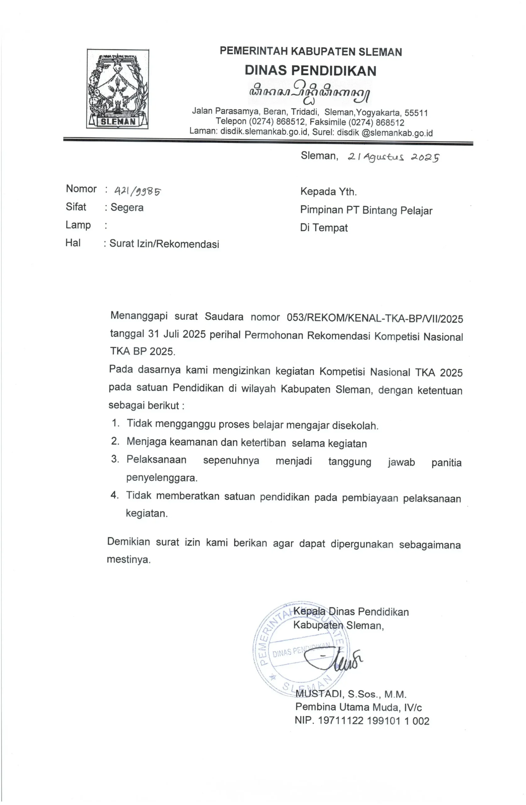 25. KAB SLEMAN - Surat Rekomendasi Kegiatan Kompetisi Nasional TKA BP 2025