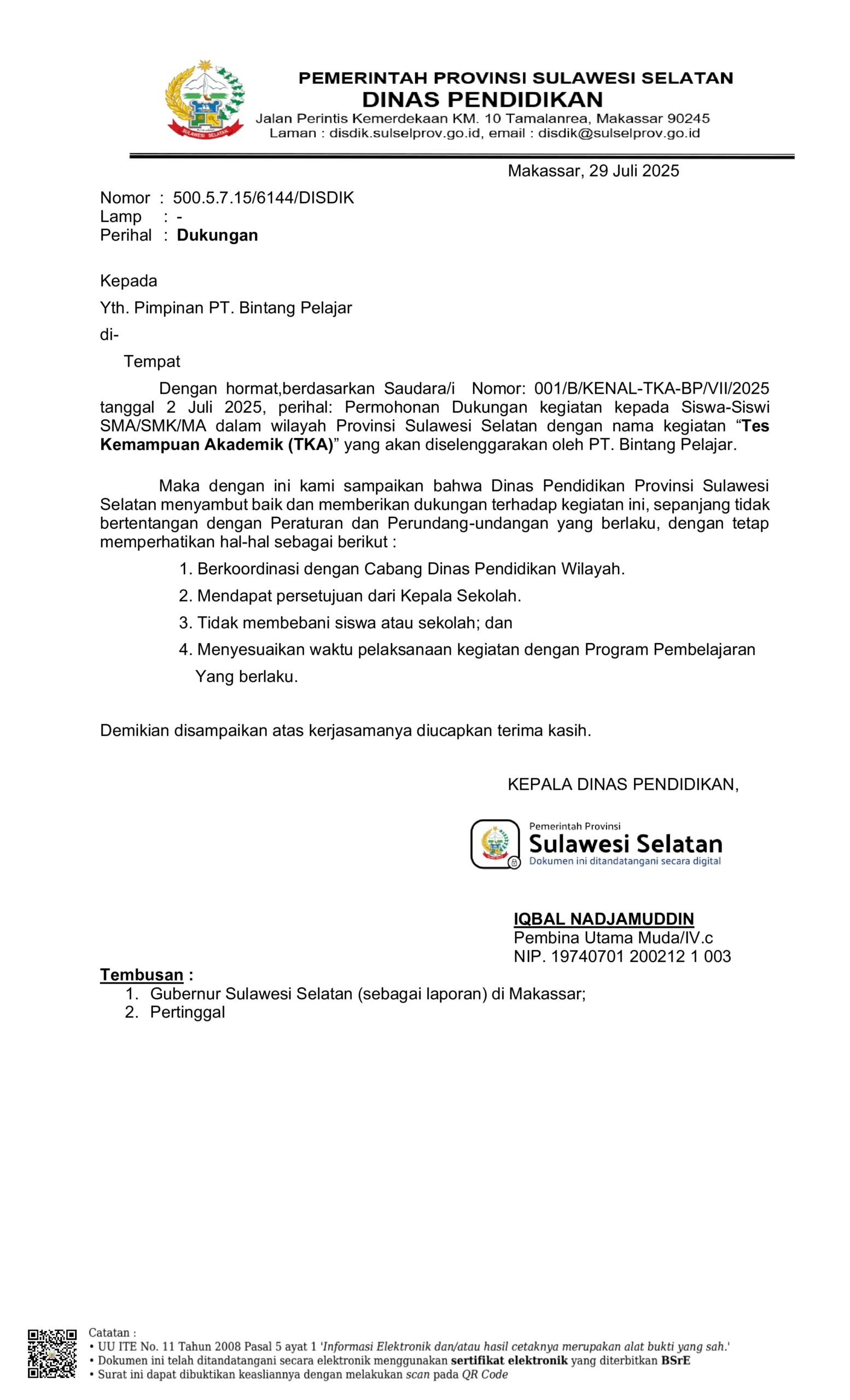 9. DINAS PROV SULSEL - SURAT DUKUNGAN - TES KEMAMPUAN AKADEMIK (TKA) - PT. BINTANG PELAJAR